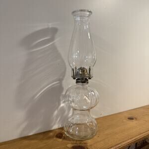 Vintage Oil Lamp Ribbed Glass Acorn Hurricane‎ Pedestal 17” tall Scalloped MCM
